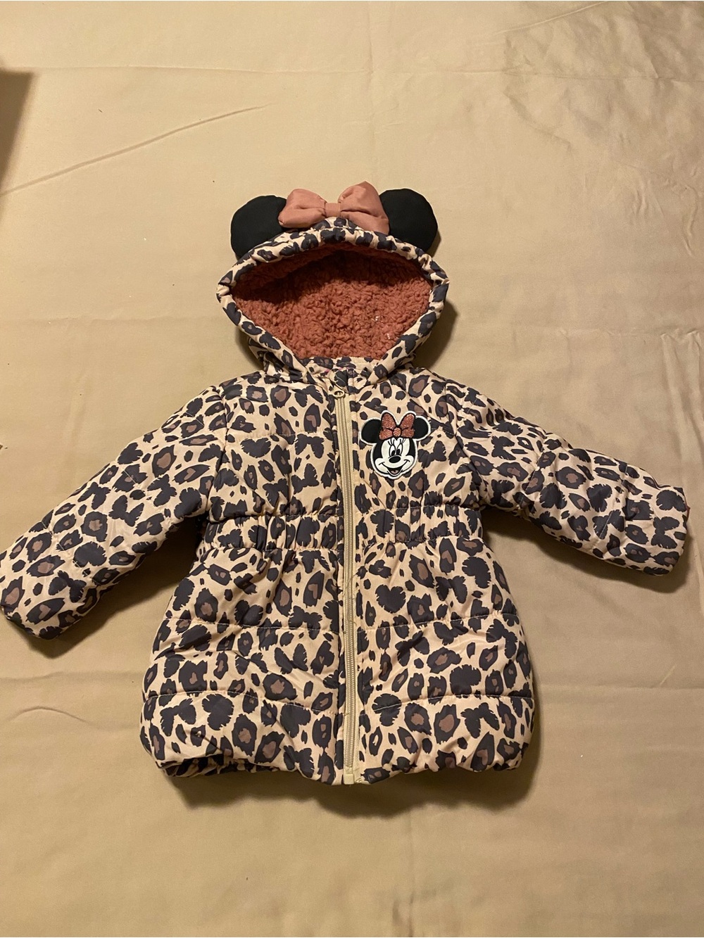 Disney Minnie Mouse Leopard Print Puffer Jacket in Pink and Black with Hood